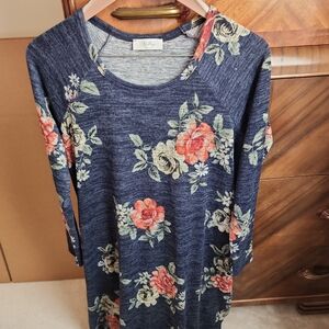 Navy Floral Long-Sleeve Dress with Coral Blooms